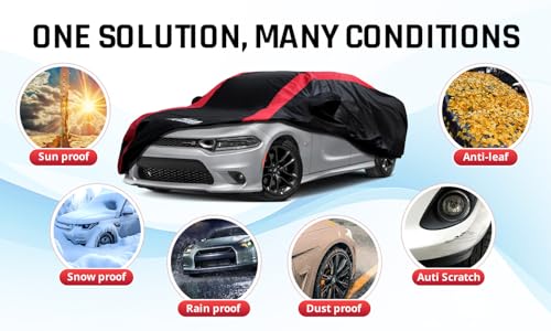 Image of Dodge Charger Car Cover Waterproof All Weather with Red Strip Design, Custom Fit for Dodge Charger 2006-2023, Charger Accessory with Door Zipper & Windproof Straps