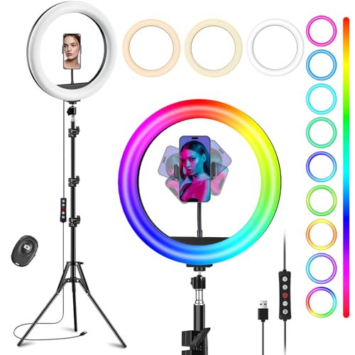 Image of 12'' Selfie Ring Light with Stand and Phone Holder, 75 inch Tripod 96 RGB Mode