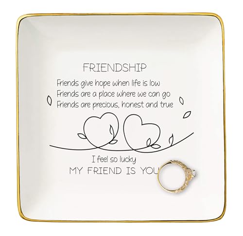 NZY Friendship Gifts for Woman,Best Friend,Bff,Sister-Ceramic Jewelry Tray,Thank You Thanksgiving Birthday Christmas Gift-Appreciate Present-Trinket Holder Ring Dish-So Lucky My Friend is You