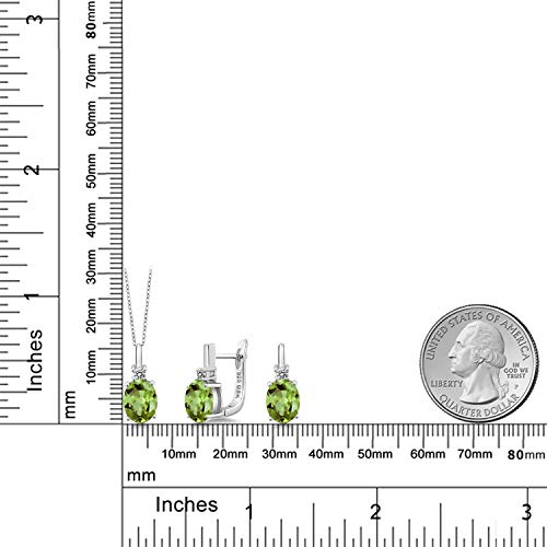 Gem Stone King 925 Sterling Silver Green Peridot And White Diamond Pendant Earrings Set For Women (4.12 Ct Oval 9X7Mm, Gemstone Birthstone, With 18 Inch Silver Chain) #TOP1