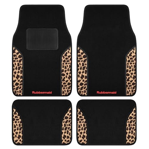 Rubbermaid Car Mats, Carpeted Floor Car Mat with Faux Leather & Built-in Heel Pad, Two-Tone Car Rug Floor Mats, Stylish Carpeted Floor Mats for Cars, Trucks & SUVs Leopard Patten Design