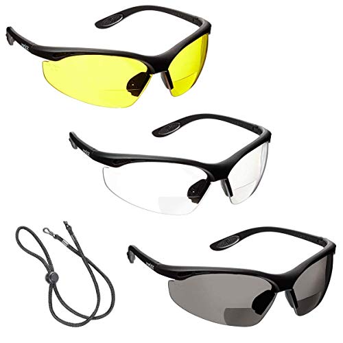 voltX 3 x CONSTRUCTOR' BIFOCAL Reading Safety Glasses (+3.5 Dioptre Clear, Yellow & Smoke Lens) UKCA & CE EN166f certified/Cycling Sports Glasses Wraparound Style + Safety Cord with headstop