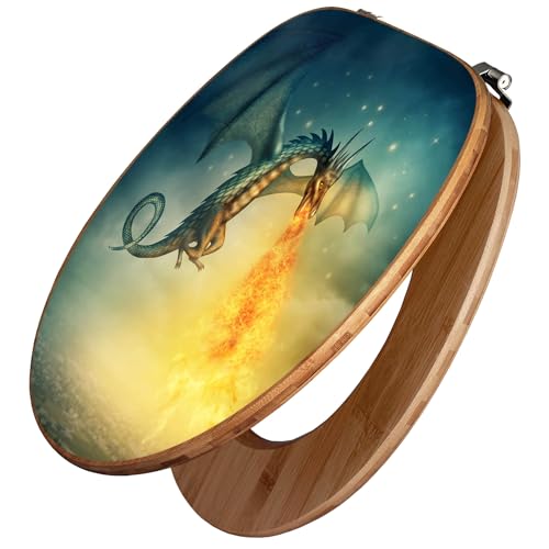 banjado Design WC Sitz Bambus 45x37,5cm - Toilettendeckel - Toilettensitz Bambus - hochwertiger Klodeckel - WC-Sitz Universal für alle gängigen Toiletten - Motiv Drachen