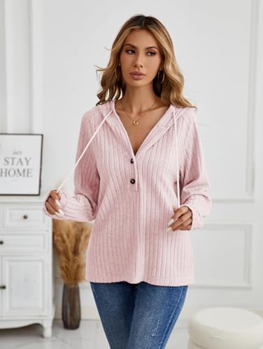 iChunhua Pink Hoodie Women Thin Basic V Neck Long Sleeve Hooded Top With Buttons Slouch Ladies Sweatshirts and Hoodies S - Image 3