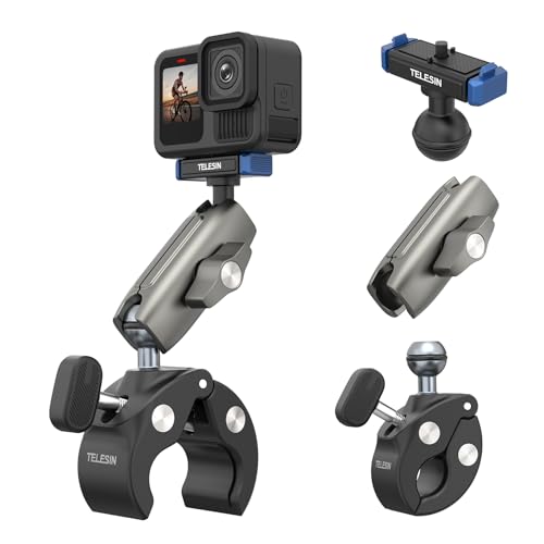 Support de moto pour GoPro et Hero 13 par TELESIN avec fixation guidon 9-38 mm et rotule 360