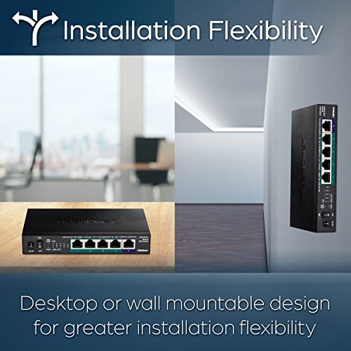 Image of TRENDnet 5-Port Unmanaged 2.5G PoE+ Switch, Fanless, Compact Desktop Design, Metal Housing, 2.5GBASE-T Ports, IEEE 802.3bz, 55W PoE Budget, Black,Lifetime Protection,TPE-TG350