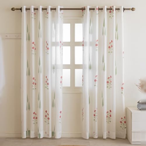 Image of Clasiko Block Print Sheer Door Curtains; 40% Light Filtering Linen Textured Curtains with Eyelets; Set of 2; 54x84 Inches / 7 Feet; Elysian Blossom