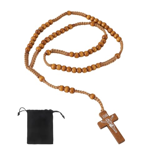 VYNZOR Rosenkranz Katholisch aus Naturholz, Handgemachter Gebetsrosenkranz mit Samtbeutel, Religiöses Geschenk für Kommunion Taufe Gebetspraxis