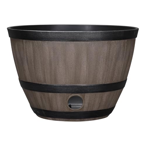 CLMSTE 18.1 18.1 12.1 Whiskey Barrel Style Hose Pot with Knock-Out Drainage Holes Walnut Brown