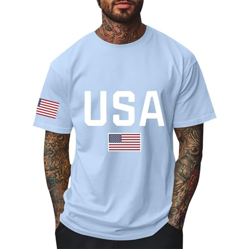 2025 Mens Independence Day Happy 4th of July T-shirt pour homme USA Vintage Streetwear Coton Imprimé Hauts T-shirt Hommes Sportshirts Col Rond Manches Courtes T-shirt d'été, bleu ciel, 5XL