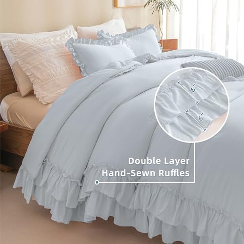 Image of Queen's House Light Blue Ruffled Comforter Set Queen Size, Lightweight Microfiber Inner Fill Fluffy Country Rustic Coquette Bedding