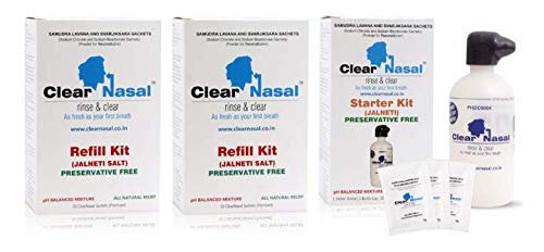 Clearnasal Rinse and Clear 10 Pack sachets for 2 Refill Kit Jal Neti Nose Wash Kit with Bottle-240 ml (starter Kit Free)