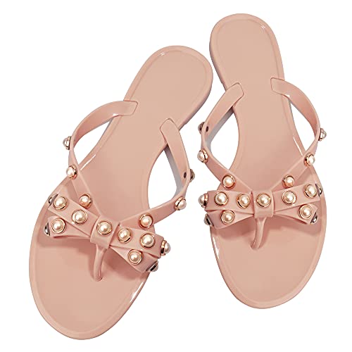 Image of TYFLOVE Women Rivet Flip Flops Studded Jelly Thong Sandals with Bow Summer Bowtie Flat Beach Rain Shoes