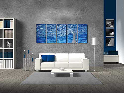 Unique Metal Wall Sculpture, Large Metal Wall Art With Tree Painting Design, Abstract Modern And Contemporary Décor, Aluminum Blue And Silver Artwork, Indoor And Outdoor Decoration, 5 Panels 84"Wx32"H #TOP3
