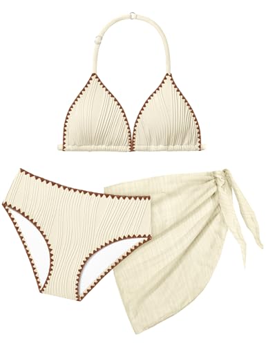 Image of Girls Swimsuit V Neck Bikini Set Color Block with Cover Up 3Pcs Bathing Suits