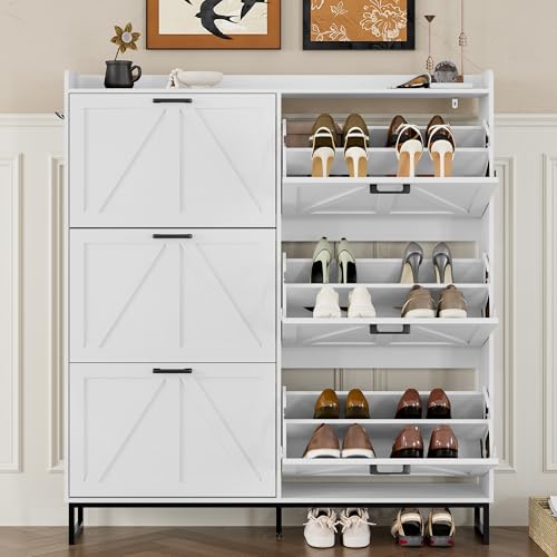 Image of BORNOON Shoe Cabinet with 6 Flip Drawers Narrow Shoe Storage Cabinet Organizer Wooden Freestanding Shoe Rack Hidden Slim Shoes Storage Cabinet for Entryway, Hallway, Living Room, Bedroom