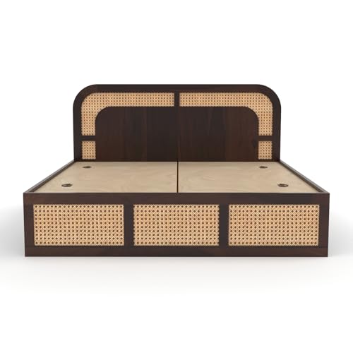 Image of Sheesham Wood Cane Bed with Drawer Storage for Bedroom | Queen Size Wooden Double Bed Palang with Curved Rattan Headboard & Footboard (Walnut Finish)