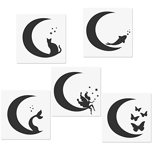 Crescents Moon Stencils, Moon Cat Moon Fairy Moon Fishtail Moon Butterfly Moon Fish Templates, 5.9x5.9" Reusable Templates for Arts Painting Card Making Journaling Scrapbooking DIY Furniture Decor