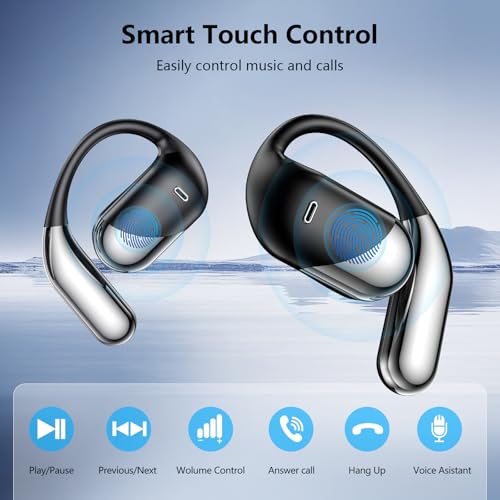 Image of Open Ear Bluetooth 5.4 Headphones, Wireless Earbuds Sport Over Earphones with Ear Hooks 50H Playtime Ear Buds LED Display Charging Case, IPX7 Waterproof Design for Running Fitness Walking