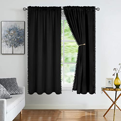 Black Pom Pom Blackout Curtains For Bedroom 63 Inch 2 Panels Thermal Insulated Room Darkening Blackout Curtain Panels Rod/Pole Pocket Window Drapes For Living Room Nursery (52 X 63 Inch, Black) #TOP1
