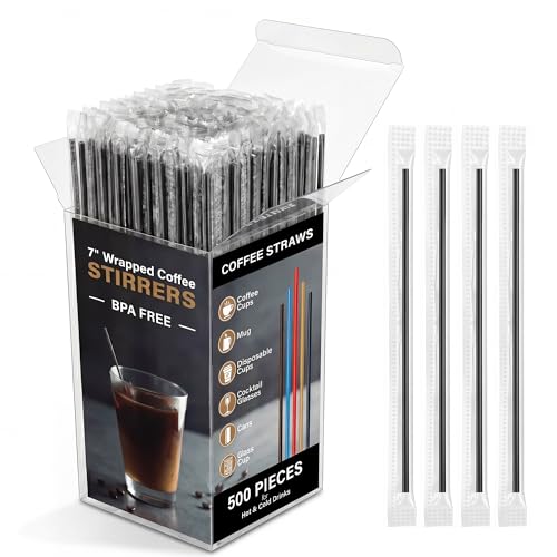 FAONIE 500 Pcs Individually Wrapped Coffee Stirrers Straws (Black 7 in)