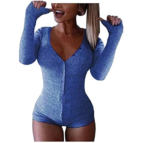 Roselux Women's Sexy Deep V Neck Shorts Long Sleeve Knitted One Piece Bodysuit Sexy Pajama Onesie Bodycon Rompers Overall