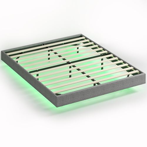 HOMCOM Somier Flotante 160x200 cm con Luces LED, Estructura de Cama, Tapizado en Lino, Láminas de Madera, Silencioso, Fácil de Montar, Gris