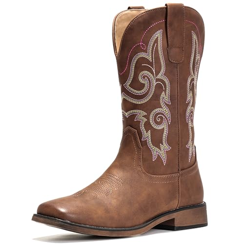 Image of IUV Cowboy Boots For Women Square Toe Cowgirl Wide Mid Calf Western Boots | Comfortable, Pull-on, Colorful Embroidered, Vintage-modern, Stylish for Daily Life and Outdoor Adventures.