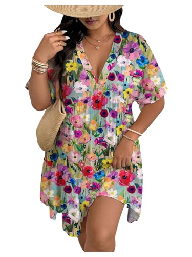 Floerns Women's Plus Size V Neck Short Sleeve Ruffle Hem A Line Short Dress