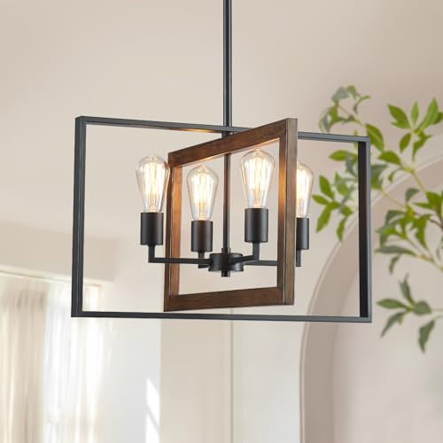 XINGQI Farmhouse Light Fixtures Vintage Chandelier 4 Light Rustic Celling Industrial Hanging for Kitchen Island Living Room Dining Room Black & Wood Grain Finish Cross Metal Luminaire by XINGQI - Used condition - CA$70.07