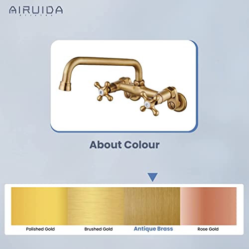 Airuida Antique Brass Wall Mounted Kitchen Faucet Wall Mount Laundry Sink Faucet Double Cross Handles 9 Inch Spout Reach 6 Inch Center Adjustable Center Mixer Tap 360 Rotatable Restaurant Faucet #TOP7