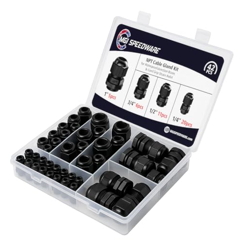 MGI SpeedWare 42 pcs NPT Strain Relief Nylon Cord Grip Cable Glands Assorted Kit, Black Plastic Grommet 1/4" 1/2" 3/4" and 1"