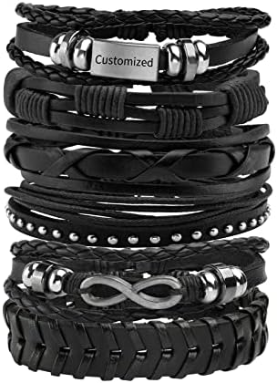 MILAKOO 6Pcs Black Braided Leather Bracelet for Men Women Punk Skull Bracelet Rock