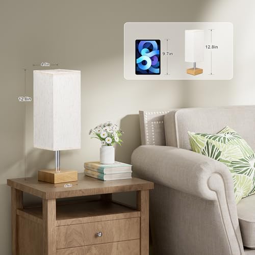 Image of Wood-Grain Small Bedside Lamp for Bedroom - Square Cream Fabric Shade | Inline Rocker Switch, Corded Electric, Bulb Not Included, 12.8 inch Mini Table Lamp for Nightstand, Desk, Dorm, Office