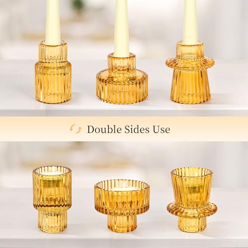 Taper Votive Candle Holder for Pillar Candles Tealight, Candlestick Holder for Wedding Christmas Tea Party, Boho Ribbed Vintage Crystal Glass Table Centerpiece Decor, Bulk Set of 6 (Amber) - Image 6