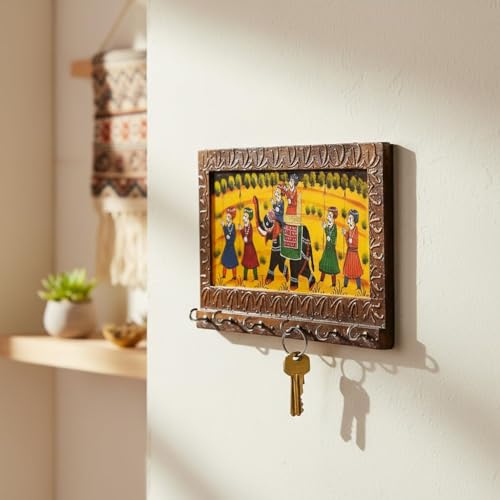 Image of CraftVatika Wooden Key Holder with 6 Hook, Handmade Rajasthani Art Work Wooden Key Holder Wall Mounted Hanging, Rajasthani Wooden Home Keychain Holder Stand for Wall, Home Decor Stylish