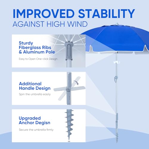 Image of Tempera Heavy Duty High Wind Beach Umbrella with Sand Anchor & Carry Bag | Patio Outdoor Umbrella with Aluminum Frame and Push Button Tilt, Ideal for Garden Lawn, UPF 60+