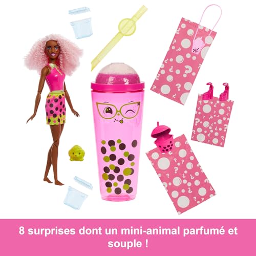 Barbie Poupée Pop Reveal série Bubble Tea avec accessoires et animal parfum baies délicieuses, 8 surprises dont un changement de couleur, un gobelet avec rangement, HTJ20