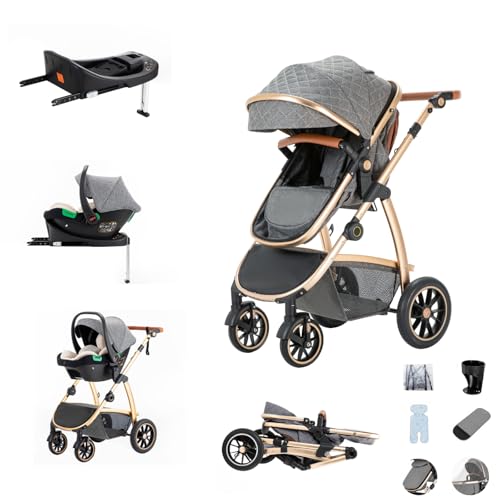 Image of Zkiprm 3-in-1 Travel System with isofix base, Baby Pram with Adjustable Armrests, Newborn Pram Set with Seat, Portable Folding Baby Stroller | High Aluminum Frame | Complete accessories | for 0-4 year