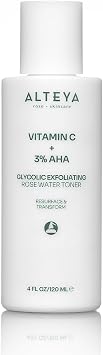 Alteya Glycolic Exfoliating Rose Water Toner 120ml with Vitamin C + 3% AHA - Gently Exfoliates, Smooths Texture, and Brightens Skin - All Skin Types