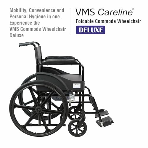 Image of VMS Careline Deluxe Foldable Commode Wheelchair | Built-In Commode | Mag & Castor Wheels | PVC Seat | Easy to Clean | Smooth Maneuverability