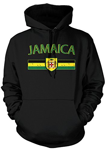 Amdesco Men's Jamaica Flag and Coat of Arms, Jamaican Hooded Sweatshirt, Black Small