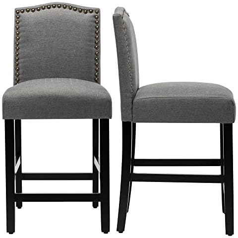 GOTMINSI Bar Stools 24 Inches Upholstered Barstool Grey Counter Height Barstool with Antique Gold Nail Heads Solid Wood Set of 2 Bar Chairs Cover
