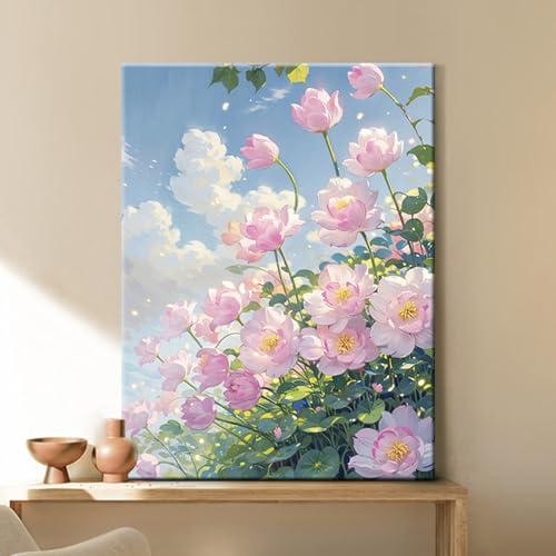 Poster mural sans cadre bleu ciel et rose cree une ambiance zen chambre