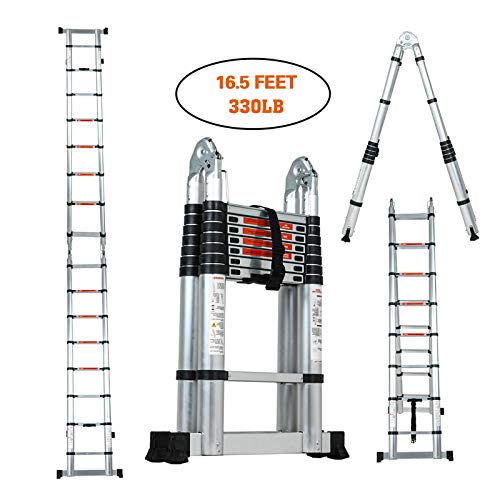 SUNCOO Multi-Position Ladders, 2.8-16.5Ft. Extension Ladder, Lightweight Aluminum Telescoping Ladders, Easy Retraction Anti-Slip Telescopic Extendable Climb Attic Ladder with 330 lbs Weight Rating