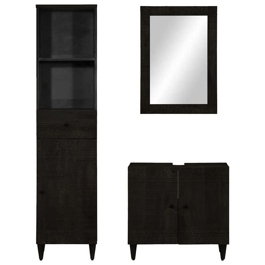 Lot de 3 meubles de salle de bain en bois massif de mangue, noir, sculpté à la main, 62 x 33 x 58 cm, meuble de salle de bain durable pour un rangement élégant