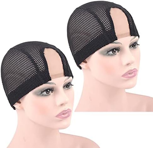 YTBYT 2 Pcs 1.4X3 Inch U Part Wig Cap for Making Wig Medium Brown Lace Wig Cap Dome Mesh Stretch Weaving Wig Caps ( Medium Black )