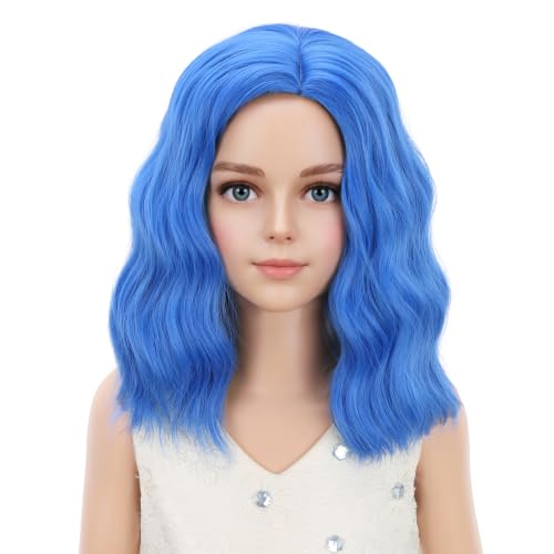Image of PATTNIUM Dark Blue Wig for Kids Girls Short Blue Wavy Curly Wigs Side Part Bob Wigs Synthetic Halloween Cosplay Costume Hair Wig
