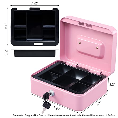 Kyodoled Medium Cash Box With Money Tray,Small Safe Lock Box With Key, Drawer,7.87"X 6.30"X 3.54" Pink #TOP4