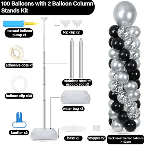 Image of Naozinebi 2 Sets Black and Silver Balloon Column Stand Kit with 100 Balloons, 110 Pieces, Adjustable Balloon Tower Stand with Base for Floor, General Celebration, Unisex Adults